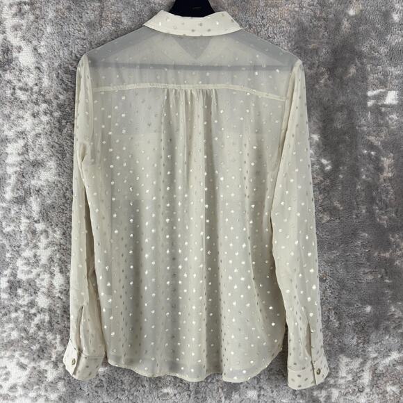 Monteau Size M Polka Dot Semi Sheer Casual Button Top Beige Long Sleeve Collar - Picture 5 of 9
